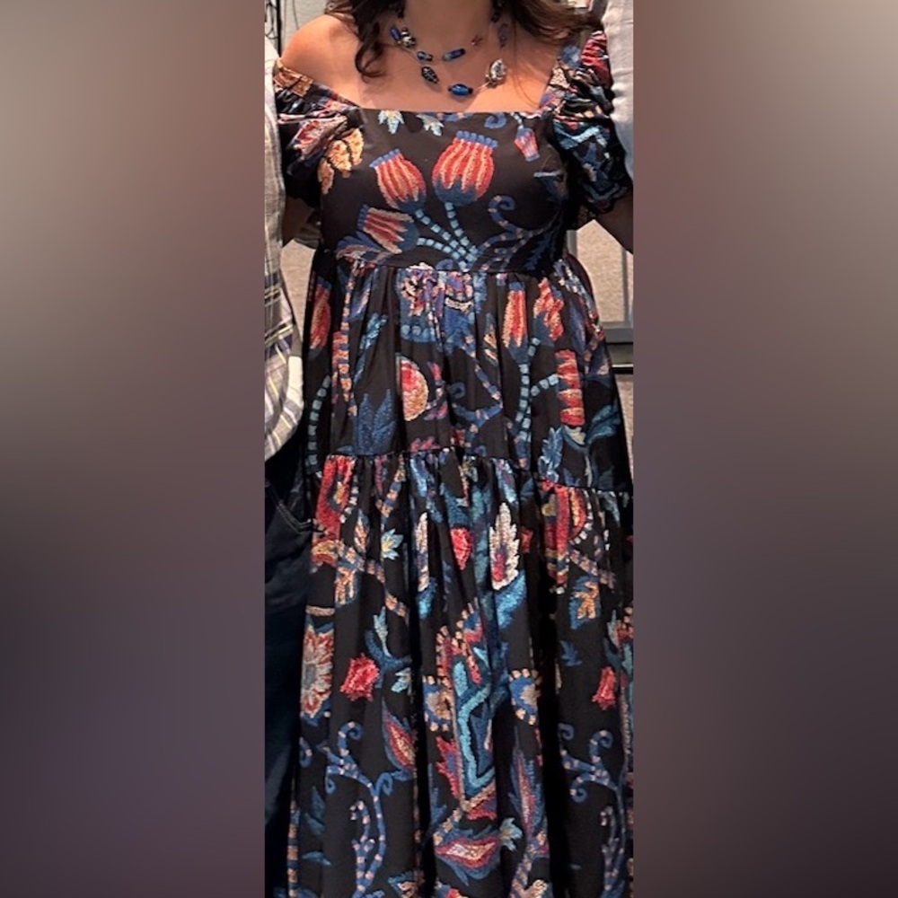 FARM Rio Black Maxi Dress with Red, Blue and Orange Floral Print